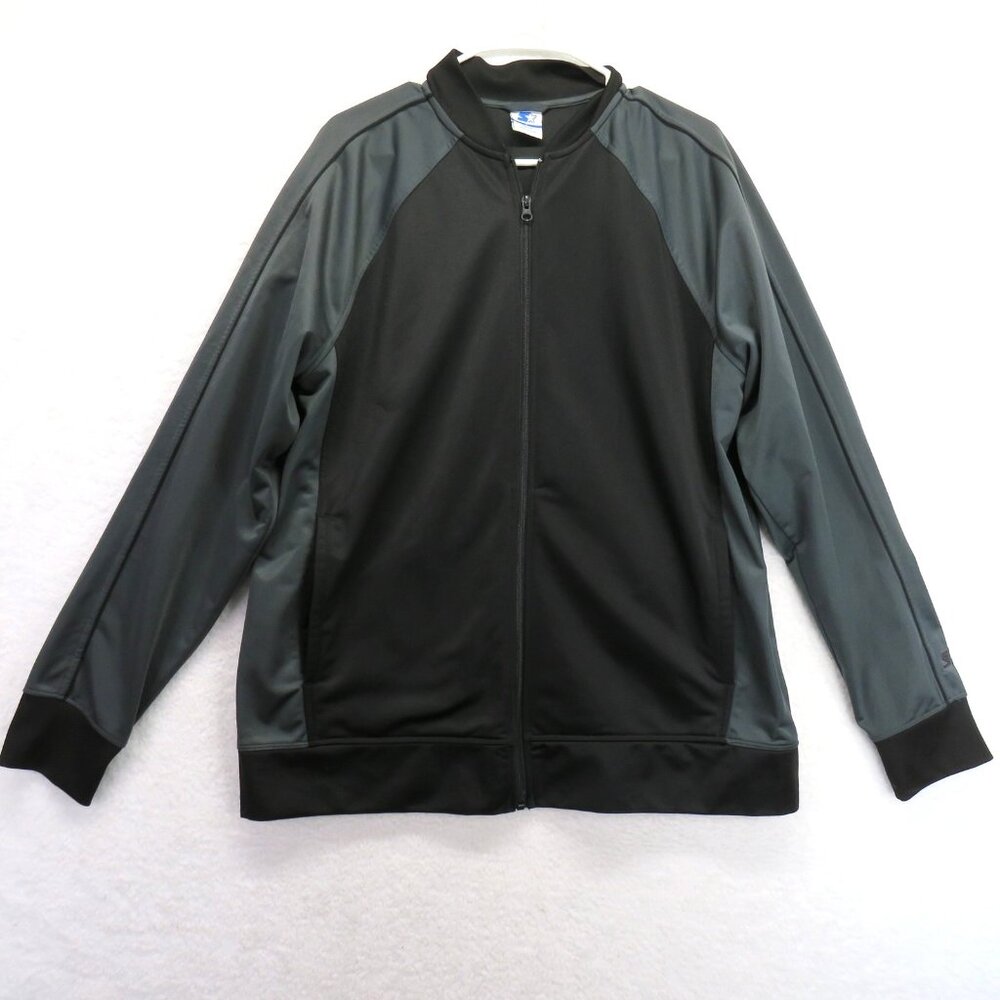 Starter Jacket Mens Large Black Gray Full Zip Track Warm Up Athletic Polyester